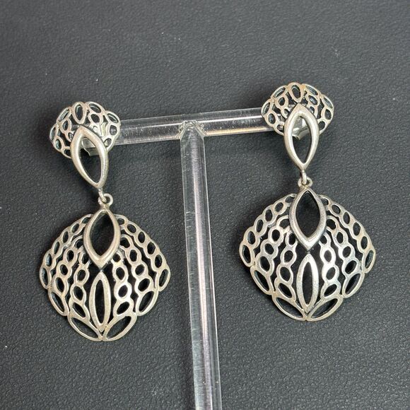 BIDER Mexico 925 Sterling Silver Openwork Dangle Clip On Earrings Vintage - Picture 2 of 7